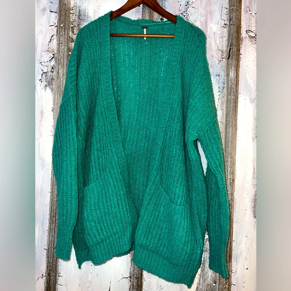 Free People Green Alpaca Blend Cozy Open Front Cardigan Sweater With Pockets S - Picture 1 of 3